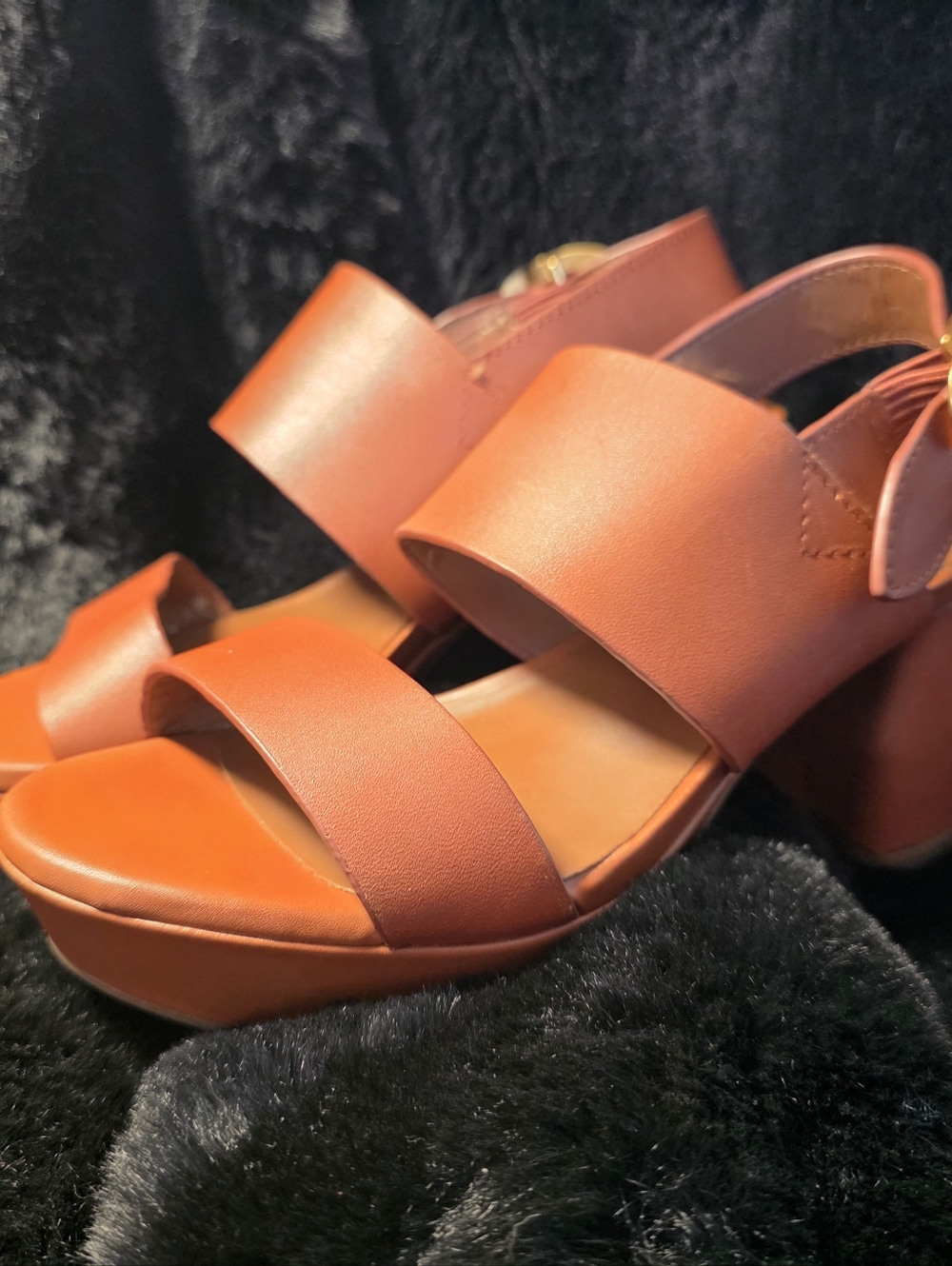 Aerosoles Camera Brown Leather-Look Double Strap Sandal Chunky Heels